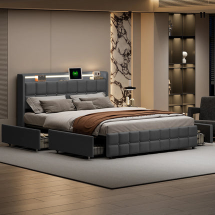 160 x 200cm Gestoffeerd Tweepersoonsbed met 4-laden, LED Hoofdbord met USB Oplaadpoort, Linnen Bedframe, zonder Matras, Grijs | Comfortabel Bedframe 160x200cm Grijs | Gestoffeerd | 4 Lade Opbergruimte | LED Hoofdbord met USB