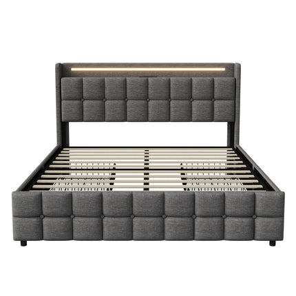 160 x 200cm Gestoffeerd Tweepersoonsbed met 4-laden, LED Hoofdbord met USB Oplaadpoort, Linnen Bedframe, zonder Matras, Grijs | Comfortabel Bedframe 160x200cm Grijs | Gestoffeerd | 4 Lade Opbergruimte | LED Hoofdbord met USB