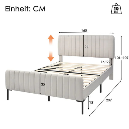 Gestoffeerd bed Tweepersoonsbed, bedframe met lattenbodem en verstelbaar hoofdbord, gewatteerd bed in grijs-beige | Tweepersoons gestoffeerd bed 160x200 cm | Verstelbaar hoofdbord | Opslagruimte | Stevig metalen poten | Stabiele nachtrust