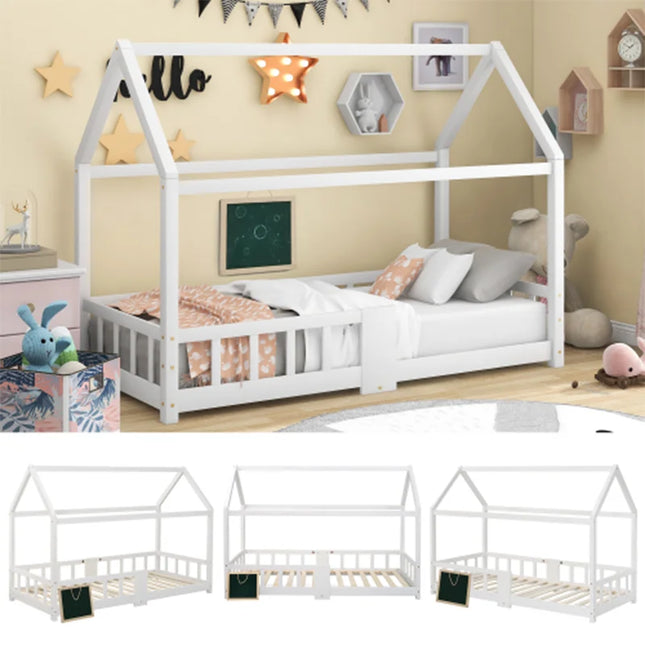 Kinderbed huisbed 90x200 cm houten bed voor kinderkamer incl. tafel lattenbodems valbescherming, dennen wit (zonder matras) | Kinderbed huisvorm 90x200 cm | Houten kinderbed dennenhout met valbescherming | Inclusief lattenbodems en tafel | Wit