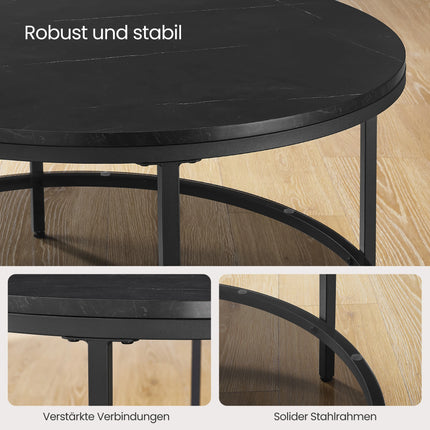 VASAGLE salontafel woonkamer tafeltje met glazen blad | Salontafel zwart marmerlook glas | Moderne en stevige bijzettafel woonkamer | Verstelbare voetjes en extra opbergruimte | Ø 80 cm