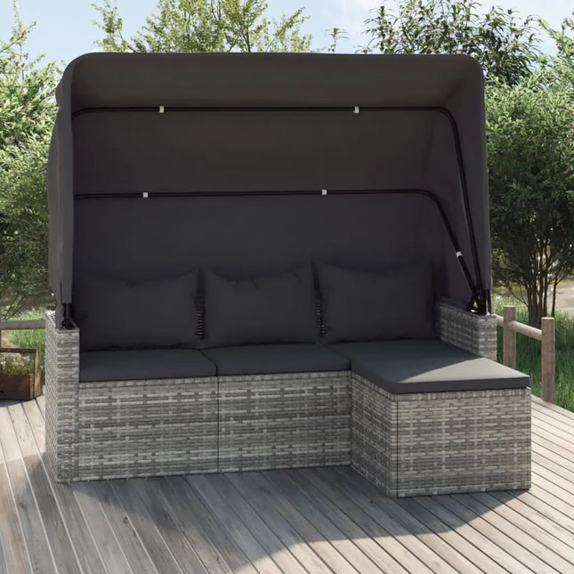 Modern minimalistische grijze buitenbankcombinatie | Grijze tuinbank 3-zits | Verstelbaar waterdicht dak | Voetenbank & UV-bestand | Anti-corrosie & schimmelvrij | Duurzaam rotan | Comfortabele kussens