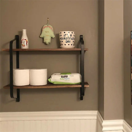 Grote Rustieke Industriële Pijp Wandplank 2-Lagen Houten Metalen Display Opslag Rek | Rustieke Wandplank Hout IJzer Dubbel Wandreksel 60x15x51.5cm | Geschikt Badkamer Keuken Woonkamer | Eenvoudige Installatie