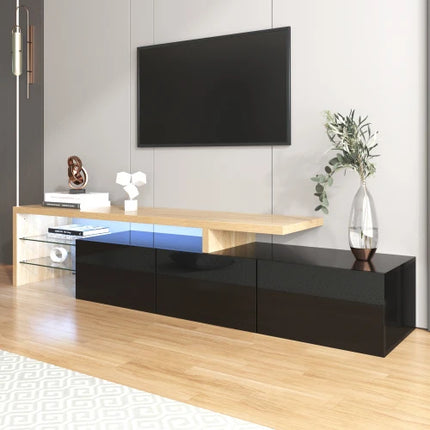 Modern TV kastontwerp: Stijlvolle elegantie, praktische opbergruimte, hoogglans zwart, houtlook, glazen planken, LED-verlichting | Hoogglans TV kast zwart hout | Modern ontwerp | Stijlvolle glazen planken | LED-verlichting | Ruime opslag | 197.5 cm breed