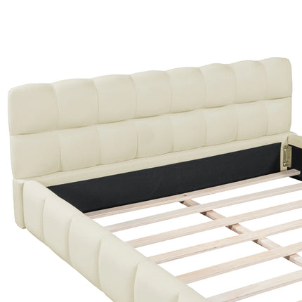 Gestoffeerd Bubble Bed 140x200 cm, Tweepersoonsbed met Opbergruimte, Jeugdbed met Lattenbodem en Hoofdbord, Linnen, Zonder Matras | Gestoffeerd Tweepersoonsbed 140x200 cm Beige | Moderne Bedframe met Opberglades en Hoofdbord