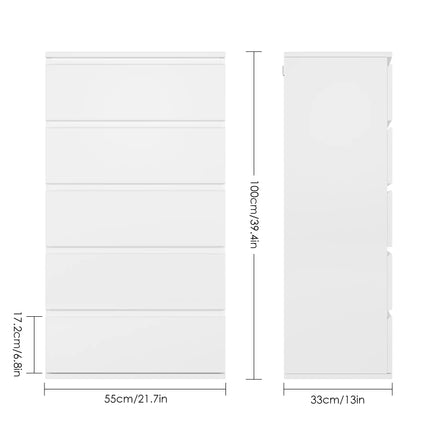 Getone Ladekast Slaapkamer, Hoge Opbergkast met 5 Lades, Slaapkamer Dressoir, 55x33x100cm, Wit | Getone Slaapkamer Ladekast | Hoge Moderne Opbergkast | 5 Lades | 55x33x100cm | Minimalistisch Design | Wit Hout