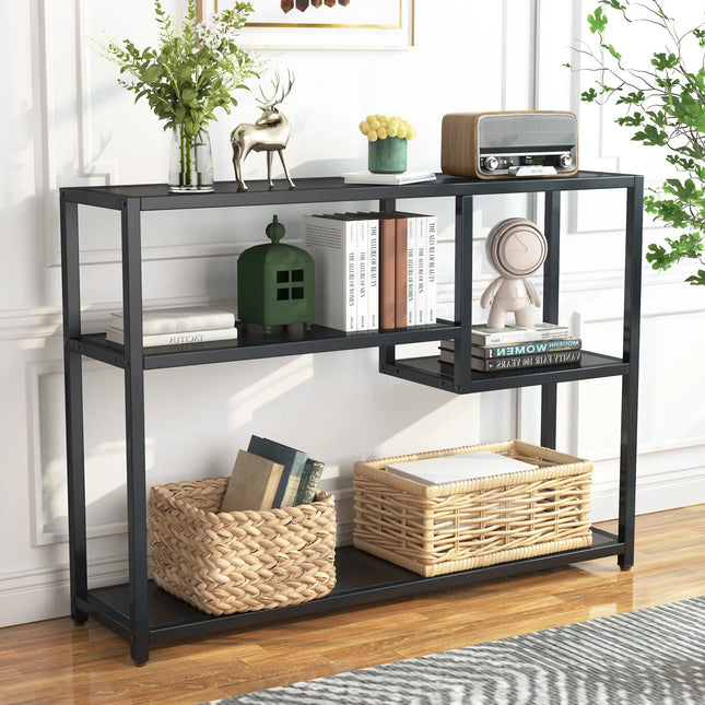 Industrieel Opbergrek Zwart | Consoletafel Met 4 Lagen | 110x30x85 cm | Hal Woonkamer Achter Bank | Staal En Houtlook | Multifunctioneel Design