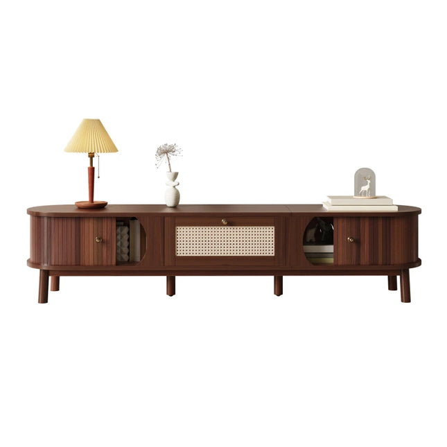 Walnoot Rotan Hangend Dressoir 170 L x 39,5 B x 38 H (cm), TV-meubel met natuurlijke houten deuren en rotan lades | Moderne TV kast hout rotan | Zwevend dressoir hangend | Natuurlijke walnoot en rotan details
