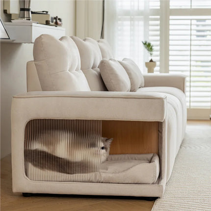 Cat opslagbank met kussen, moderne 3-zitsbank met kattennest, fluweel, krasbestendige kattenstof met 2 sierkussens | Moderne 3-zitsbank fluweel met kattennest | Krasbestendig | Scandinavisch design | Incl. sierkussens