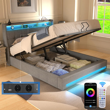Gestoffeerd Tweepersoonsbedframe met Opslag, Ottoman Bed met Hydrauliek en LED-Licht, Tweepersoons Bedframe voor Volwassenen en Tieners | Scandinavisch Design Bedframe | Met Opslag | LED Verlichting | Moderne Stijl | Grijs 140/160x200 cm