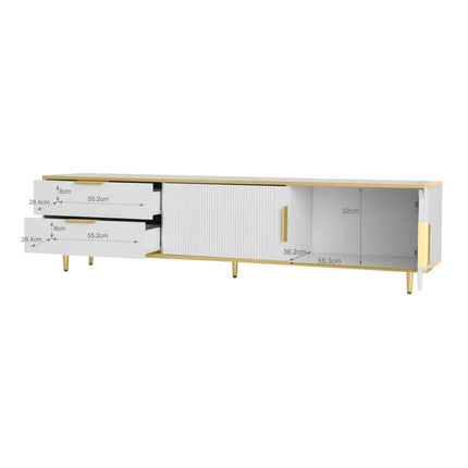 Tv-kast, laag plateau met gesneden textuur, gouden handgrepen en poten, woonkamercabinet met marmerstructuur, Wit/Zwart. | Moderne TV-meubel met gouden accenten | Scandinavisch design