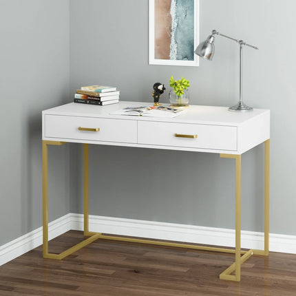 Tribesigns Kaptafel met 2 Lades, Wit en Goud Klein Kaptafel, Moderne Kaptafel Cadeau voor Vrouwen Meisjes | Tribesigns Kaptafel Hout Wit Goud | Kaptafel 2 Lades | Make-uptafel Stijlvol en Functioneel | Tribesigns