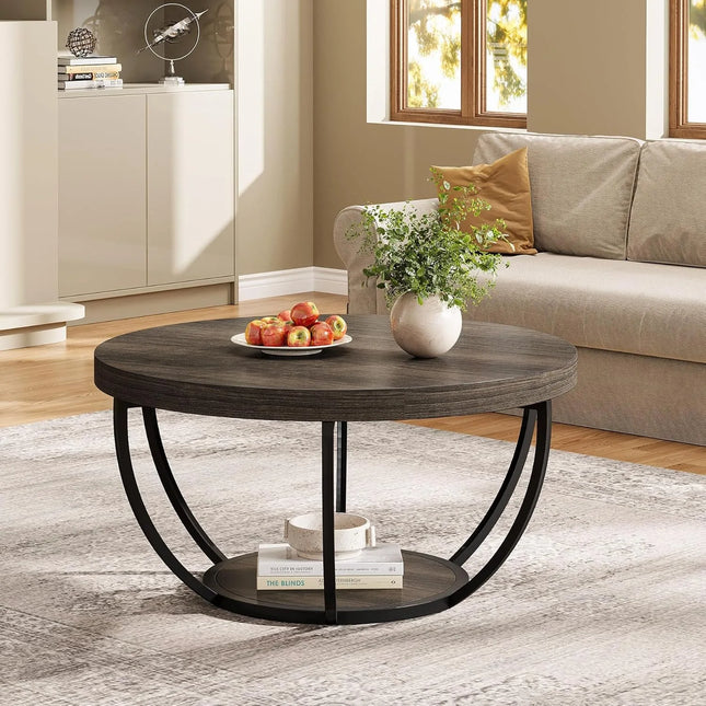 Ronde Salontafel, 80,5 cm Houten 2-laags Salontafel met Opbergrekken, Cocktailtafel Centertafel voor Woonkamer, Grijs | Ronde Woonkamertafel Met Opslag | Industrieel Design | Grijze Houtlook | 2 Niveaus