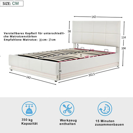 Gestoffeerd Bed, Tweepersoonsbed, Met LED Verlichting, Hydraulisch Verhoogbaar Bed, Met Opbergruimte, Bedbox & Lattenbodem, 140x200cm | Modern gestoffeerd bed met led-verlichting | Hydraulisch | Opbergruimte | 140x200cm