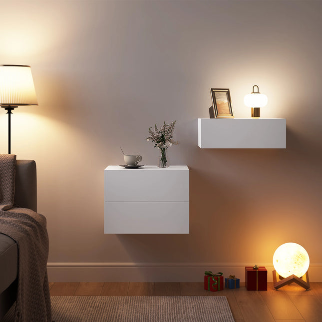 Zwevende Nachtkastje Modern Hangend Nachtkastje Set met Lades voor Slaapkamer Woonkamer | WOLTU Hangend Nachtkastje Wandmontage 2 Lades Wit | Zwevend Nachtkastje Slaapkamer Opslagruimte