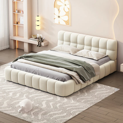 Gestoffeerd Bubble Bed 140x200 cm, Tweepersoonsbed met Opbergruimte, Jeugdbed met Lattenbodem en Hoofdbord, Linnen, Zonder Matras | Gestoffeerd Tweepersoonsbed 140x200 cm Beige | Moderne Bedframe met Opberglades en Hoofdbord