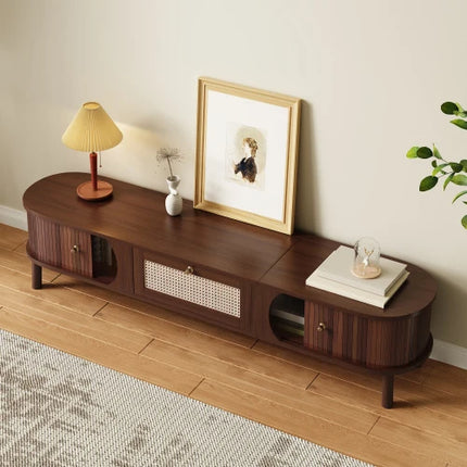 Walnoot Rotan Hangend Dressoir 170 L x 39,5 B x 38 H (cm), TV-meubel met natuurlijke houten deuren en rotan lades | Moderne TV kast hout rotan | Zwevend dressoir hangend | Natuurlijke walnoot en rotan details