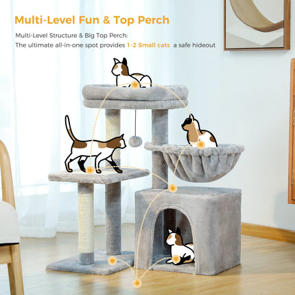 2 in 1 Kattenboom voor Binnen Kleine Kattentoren met Sisal Krabpaal Gezellige Condo Hangmat Kattenbed Huis Kattenaccessoires Katspeelgoed | PEQULTI Kattenboom Binnen | Krabpaal | Kattenhuis met Hangmat | Grijs/Beige