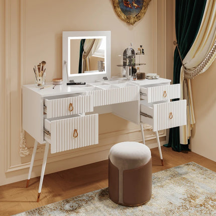 Wit kaptafel (zonder stoelen), Inclusief LED spiegel met verstelbare helderheid, meerdere opbergruimtes, 4-lades, bureau | Witte kaptafel met LED verlichte spiegel | 4 lades en veel opbergruimte | Gouden metalen poten