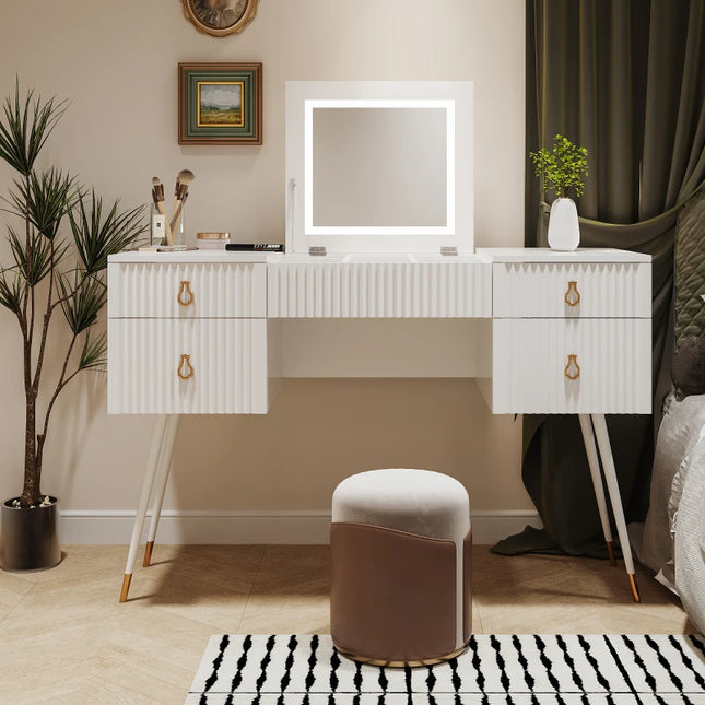 Wit kaptafel (zonder stoelen), Inclusief LED spiegel met verstelbare helderheid, meerdere opbergruimtes, 4-lades, bureau | Witte kaptafel met LED verlichte spiegel | 4 lades en veel opbergruimte | Gouden metalen poten