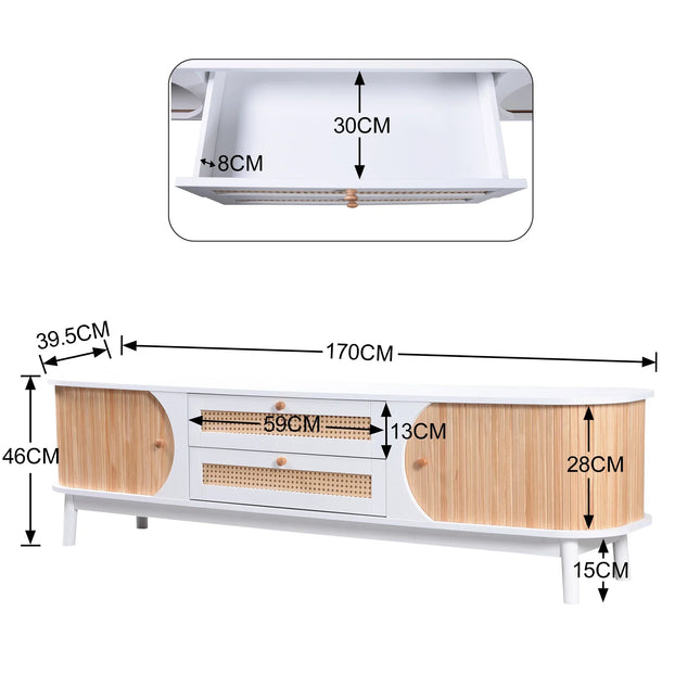 VSOGA TV Stand - Natuurlijke Hout Mix TV Stand Met Deuren En Laden | Rattan TV Kast Modern Design | TV Meubel Van Rattan En Massief Hout 170x46x39.5 cm | Metopbergruimte Voor Woonkamer | Elegant Woonkamervoor Meubel