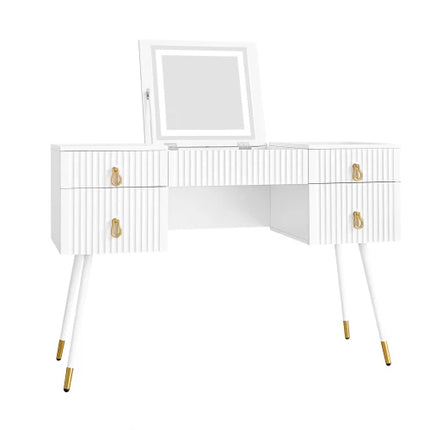 Wit kaptafel (zonder stoelen), Inclusief LED spiegel met verstelbare helderheid, meerdere opbergruimtes, 4-lades, bureau | Witte kaptafel met LED verlichte spiegel | 4 lades en veel opbergruimte | Gouden metalen poten