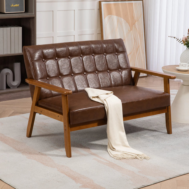 2-zits bank met schuimvulling, ademend polyester, massief houten stoel voor woonkamer, slaapkamer, kantoor | Moderne 2-zitsbank ademend polyester schuimvulling | Comfortabele en duurzame stoffen bank met houten armsteunen