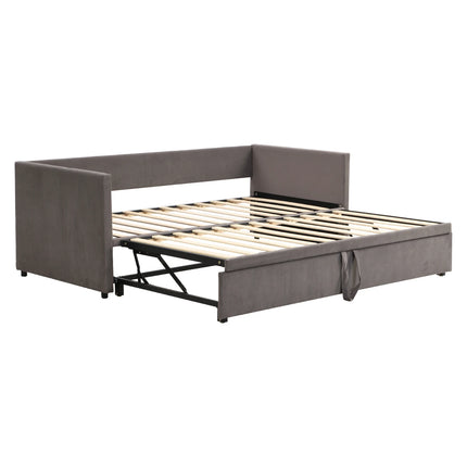 Uitschuifbare Slaapbank,Beklede Bed met lattenbodem 90(180)* 200cm,2-in-1 Multifunctionele Slaapbank,Zonder Matras | Moderne Fluwelen Uitschuifbare Slaapbank 90x200/180x200 cm | Lazyspace | Grijs/Beige
