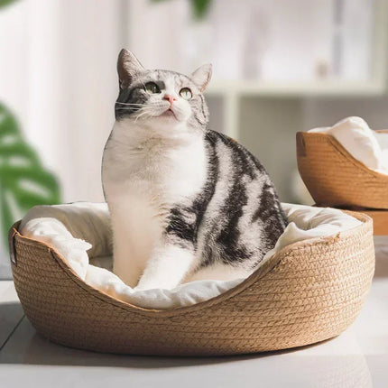 Bamboe Weven Kattenmand Sofa Huis - Milieuvriendelijke Warme Huisdierennest voor Binnenkatten | Handgemaakte Kattenmand | Eco Vriendelijk | Ademend en Comfortabel Kattenhuis | 100% Katoen | Duurzaam en Stijlvol