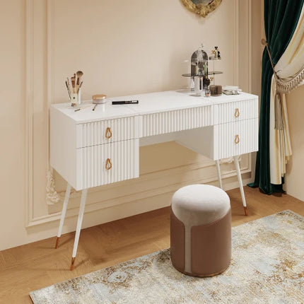 Wit kaptafel (zonder stoelen), Inclusief LED spiegel met verstelbare helderheid, meerdere opbergruimtes, 4-lades, bureau | Witte kaptafel met LED verlichte spiegel | 4 lades en veel opbergruimte | Gouden metalen poten
