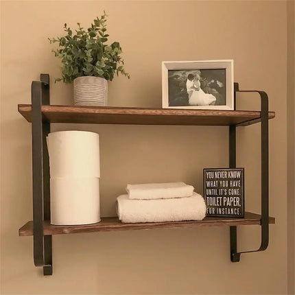 Grote Rustieke Industriële Pijp Wandplank 2-Lagen Houten Metalen Display Opslag Rek | Rustieke Wandplank Hout IJzer Dubbel Wandreksel 60x15x51.5cm | Geschikt Badkamer Keuken Woonkamer | Eenvoudige Installatie