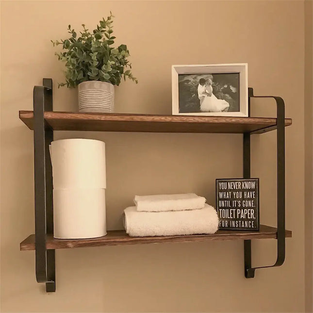 Grote Rustieke Industriële Pijp Wandplank 2-Lagen Houten Metalen Display Opslag Rek | Rustieke Wandplank Hout IJzer Dubbel Wandreksel 60x15x51.5cm | Geschikt Badkamer Keuken Woonkamer | Eenvoudige Installatie