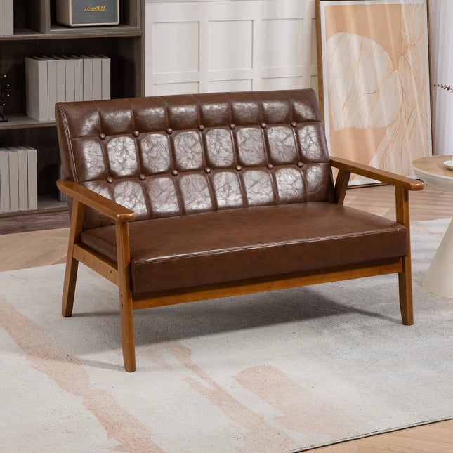 2-zits bank met schuimvulling, ademend polyester, massief houten stoel voor woonkamer, slaapkamer, kantoor | Moderne 2-zitsbank ademend polyester schuimvulling | Comfortabele en duurzame stoffen bank met houten armsteunen