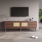 1.8m lang TV-meubel in donkere houtlook met twee rattan deuren, vier laden, kabelbeheer en hydraulische scharnieren – voor 80-inch | Donkerhouten TV-meubel 180cm | Rattan Deuren | 4 Laden | Tot 80