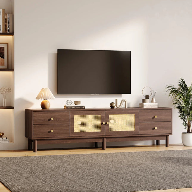 1.8m lang TV-meubel in donkere houtlook met twee rattan deuren, vier laden, kabelbeheer en hydraulische scharnieren – voor 80-inch | Donkerhouten TV-meubel 180cm | Rattan Deuren | 4 Laden | Tot 80" TV