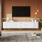 TV kast / Salontafel met lades, afgeronde hoeken, woonkamer TV kast met gegolfde zijkanten, gouden handvatten en poten | Moderne witte TV-kast met lades en gouden details 170cm | Scandinavisch design MDFmeubel met veel opbergruimte