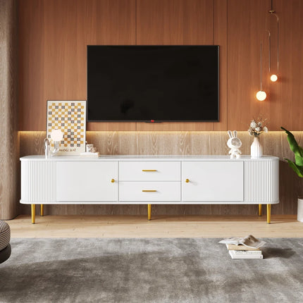 TV kast / Salontafel met lades, afgeronde hoeken, woonkamer TV kast met gegolfde zijkanten, gouden handvatten en poten | Moderne witte TV-kast met lades en gouden details 170cm | Scandinavisch design MDFmeubel met veel opbergruimte