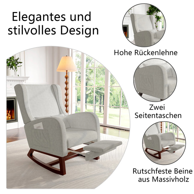 Creahappy Schommelstoel - Woonkamer Schommelstoel met Kussen - Ligstoel met Uitschuifbare Voetensteun - TV Fauteuil met Zak | Creahappy Woonkamer Stoel | Comfortabele Schommelstoel met Voetensteun | Stijlvol Relaxfauteuil