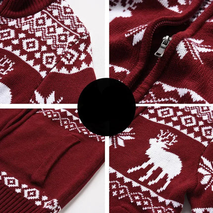 Heren Kersttrui Geometrisch Patroon | Festive Slim Fit Cardigan | Winter Gebreid Rits Vest | Oprolbare Kraag | Mix van Katoen Acryl Kasjmier | Lang Ritsontwerp | Ideaal als Cadeau voor Kerst | Stijlvolle Kerstkleding
