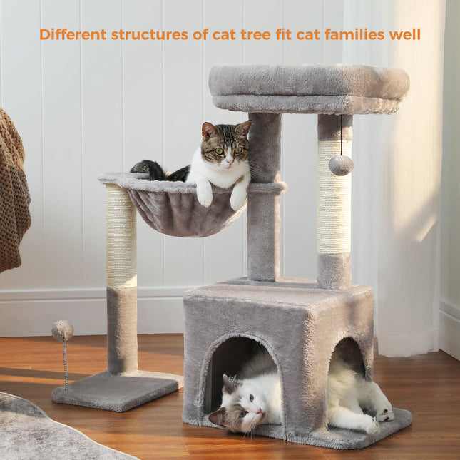 2 in 1 Kattenboom voor Binnen Kleine Kattentoren met Sisal Krabpaal Gezellige Condo Hangmat Kattenbed Huis Kattenaccessoires Katspeelgoed | PEQULTI Kattenboom Binnen | Krabpaal | Kattenhuis met Hangmat | Grijs/Beige