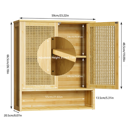 Solid houten bamboe badkamer wandkast boven toilet keuken woonkamer opbergkast met 3 planken medicijnkast 2-deur | Bamboe wandkast badkamer met 2 deuren | Eco-vriendelijke opbergruimte | 3 plank lagen