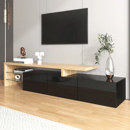 Modern TV kastontwerp: Stijlvolle elegantie, praktische opbergruimte, hoogglans zwart, houtlook, glazen planken, LED-verlichting | Hoogglans TV kast zwart hout | Modern ontwerp | Stijlvolle glazen planken | LED-verlichting | Ruime opslag | 197.5 cm breed