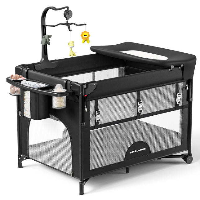 5-in-1 Babybed Reisset Combinatie Babybed met Matras, Hoogteverstelling, Opvouwbaar als Veranderende Tafel en Speelpaneel | 5-in-1 Babybed Reisset Matras Verstelbaar | Opvouwbaar Babybedje | Reiscampingbedje Baby Kinderbedje Matras