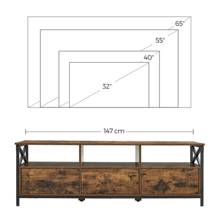 VASAGLE Lowboard TV-kast, 3 laden, breedte 147cm, stalen frame | VASAGLE TV-Meubel Industrieel Scandinavisch Ontwerp | 147x40 cm | 3 Lade | 3 Open Vakken | Vintage Bruin-Zwart | Hout Spaanplaat-Staal