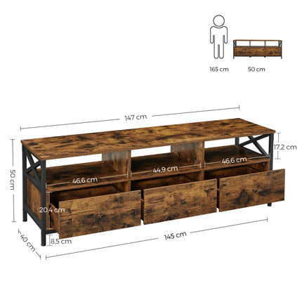VASAGLE Lowboard TV-kast, 3 laden, breedte 147cm, stalen frame | VASAGLE TV-Meubel Industrieel Scandinavisch Ontwerp | 147x40 cm | 3 Lade | 3 Open Vakken | Vintage Bruin-Zwart | Hout Spaanplaat-Staal