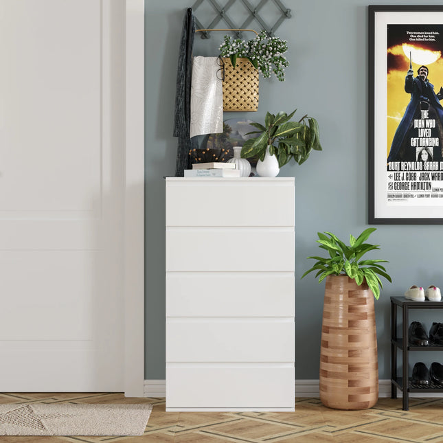 Getone Ladekast Slaapkamer, Hoge Opbergkast met 5 Lades, Slaapkamer Dressoir, 55x33x100cm, Wit | Getone Slaapkamer Ladekast | Hoge Moderne Opbergkast | 5 Lades | 55x33x100cm | Minimalistisch Design | Wit Hout
