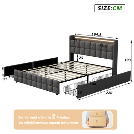 160 x 200cm Gestoffeerd Tweepersoonsbed met 4-laden, LED Hoofdbord met USB Oplaadpoort, Linnen Bedframe, zonder Matras, Grijs | Comfortabel Bedframe 160x200cm Grijs | Gestoffeerd | 4 Lade Opbergruimte | LED Hoofdbord met USB