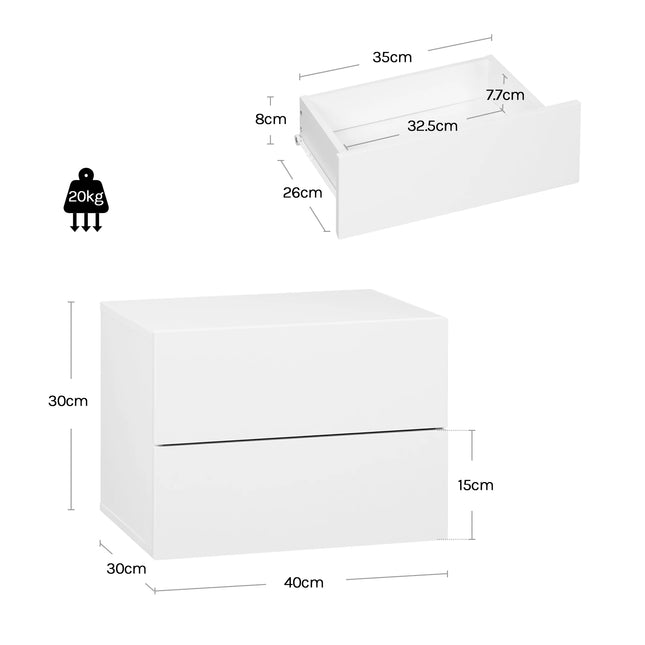 Zwevende Nachtkastje Modern Hangend Nachtkastje Set met Lades voor Slaapkamer Woonkamer | WOLTU Hangend Nachtkastje Wandmontage 2 Lades Wit | Zwevend Nachtkastje Slaapkamer Opslagruimte
