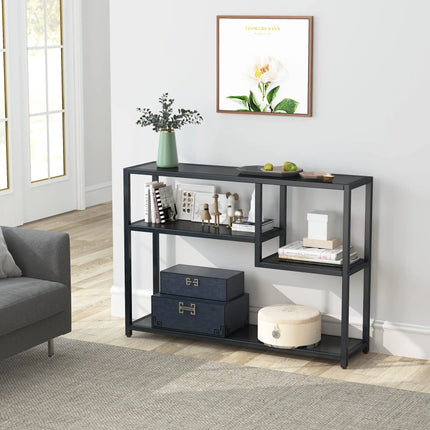 Industrieel Opbergrek Zwart | Consoletafel Met 4 Lagen | 110x30x85 cm | Hal Woonkamer Achter Bank | Staal En Houtlook | Multifunctioneel Design