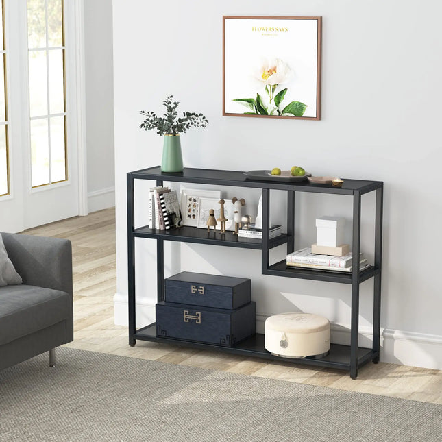 Industrieel Opbergrek Zwart | Consoletafel Met 4 Lagen | 110x30x85 cm | Hal Woonkamer Achter Bank | Staal En Houtlook | Multifunctioneel Design